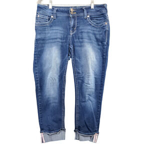 WallFlower Womens Cuffed Cropped Jeans Blue Size 11 Faded Whiskers 2-Button